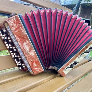 May include: A vintage accordion with a reddish-brown body and a red and black bellows. The instrument has white and black buttons and is resting on a wooden bench. The accordion is a musical instrument.