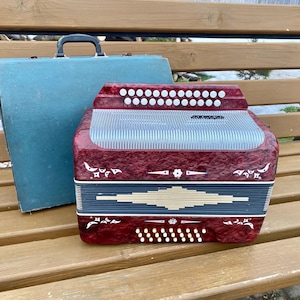 Puede incluir: Un acordeón burdeos con detalles plateados y blancos, apoyado en un banco de madera junto a un estuche turquesa. El acordeón presenta múltiples filas de botones blancos y patrones decorativos.