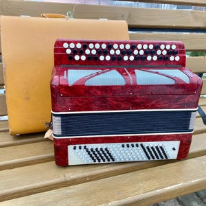 May include: A red and black accordion with white and black buttons, resting on a wooden bench. A tan carrying case stands behind the accordion. The accordion has a black bellows and a silver mesh grill.
