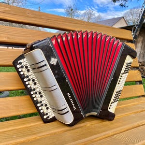 May include: A black and red accordion with white keys and the word "Hohner" printed on the side.