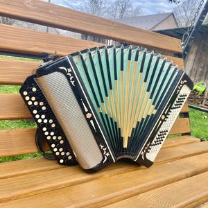 May include: A black and white accordion with a light blue and gold interior. The accordion is sitting on a wooden bench.