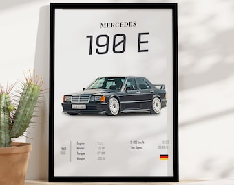 Mercedes-Benz 190E Black / Vintage car poster / Gifts for men / Old car