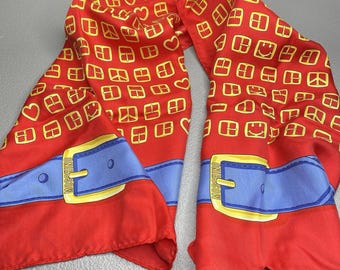 Moschino Silk Ribbon Scarf Vintage 1990s Italy Trompe Loeil Belt Geometric Red