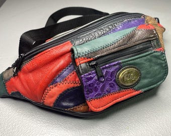 Vintage 80s KMQ Leather Patchwork Colorblock Fanny Waist Pack Crossbody