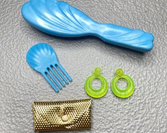 Vintage 1980s Barbie Hoop Earrings Gold Dimple Clutch Teal Shell Brush Comb Set