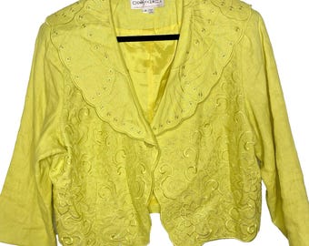 Donna Vinci Linen Belero Jacket Womens 18 Vintage Cropped Embroidered Yellow