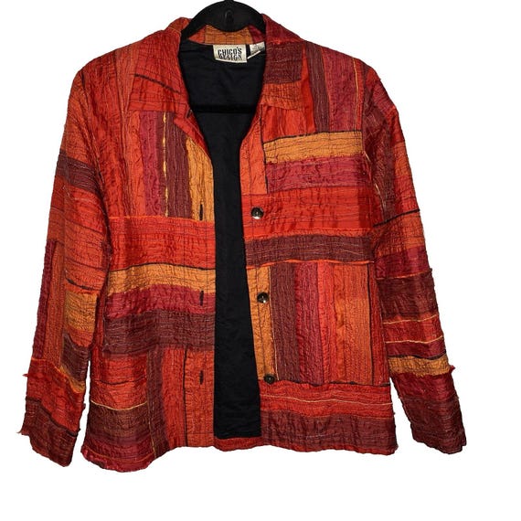 Vintage CHICOS Silk Shacket Patchwork Metallic Bu… - image 1