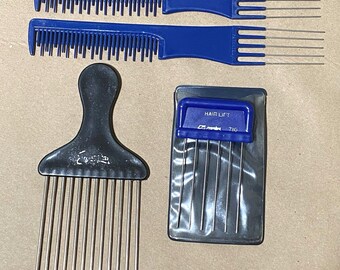 Vintage Comare Hair Pick Lot Metal Tooth Lift Comb Case Blue Detangling Styling