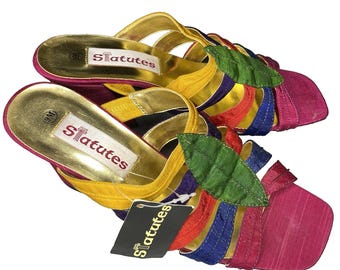 Statutes Strappy Rainbow Sandals Womens 9 Vintage Fabric Block Heel Retro NWT