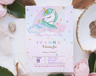 Unicorn digital invitation templates, editable unicorn invitations, unicorn, digital invitation, children's invitation