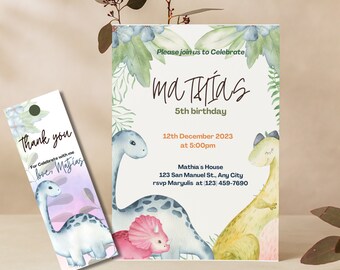 Editable dinosaur birthday template, digital invitation, birthday invitation, digital invitation, thank you card