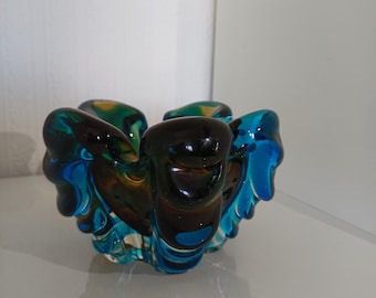 Japanese Amber & Blue Glass Organic Vintage Sculpture Bowl