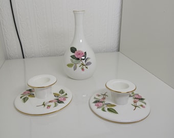 Wedgwood Hathaway rose design flute vase 13.5cm tall and x 2 Rare candle holders 9cm round