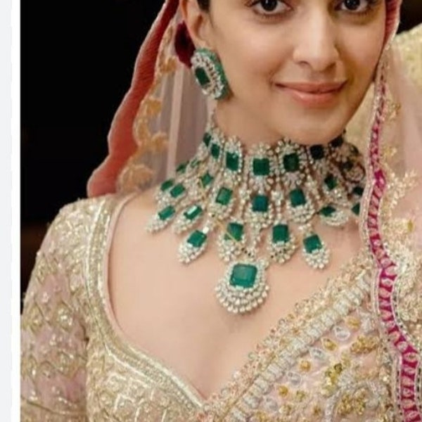 Kiara advani wedding style jewellery set, green American stones set,full necklace,indianwedding jewellery/best gift forgirls/bridaljwellery