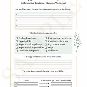 May include: A cream-colored worksheet titled "Therapy Goal Development." It includes sections for listing concerns, therapy expectations, and goals. The worksheet has a minimalist design with a floral accent and the text "Copyright 2026, The Unmasked Therapist."