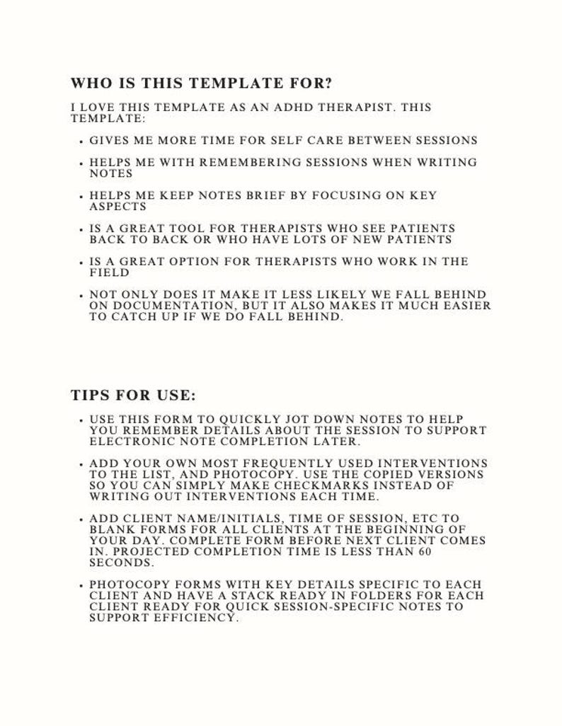 Rapid Note Template for Therapists, ADHD Therapist Tool - Etsy
