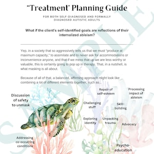 以下が含まれることがあります： 神経多様性を肯定するセラピーのためのガイド。サンゴ礁で泳ぐウミガメの水彩画が描かれています。ガイドには、安全にマスクを外すことについて話し合う、物事に挑戦する、アイデンティティを探求する、トラウマを解きほぐす、スキルを身につける、自尊心を回復する、エイブリズムの影響を処理する、アドボカシー、そして心理教育など、さまざまなトピックがリストされています。