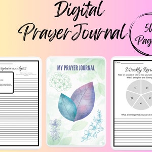Könnte beinhalten: Digitales Gebetsjournal mit über 50 Seiten. Der Umschlag zeigt ein Aquarelldesign mit Blättern und Blumen in Blautönen, Grün- und Violetttönen. Das Journal enthält Seiten für die Analyse der Heiligen Schrift, wöchentliche Rezensionen und Gebetsanliegen.