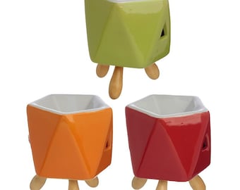 NEW Hexagonal Ceramic Oil Burner with Wooden Feet/ Wax Melt Gift Box / XMAS Gift/ Oil Burner/ Orange, Red, Green