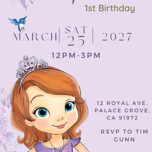Op de afbeelding: Lila verjaardagsuitnodiging met een cartoonprinses in een paarse jurk. De tekst luidt "Sophia's 1e verjaardag" met de datum 25 maart 2027 en de tijd 12.00-15.00 uur. Het adres is 12 Royal Ave.