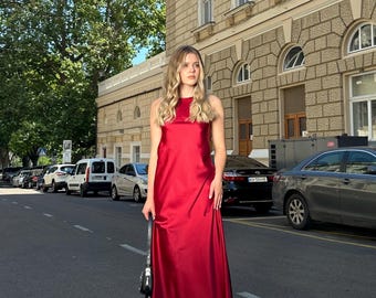 Elegant Burgundy Italian Silk Satin Maxi Dress