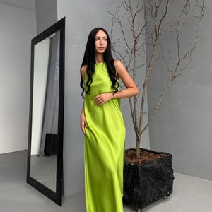 knee length dresses for ladies Straps Green Floral Appliques Satin Maxi Dress – PollyBoutique