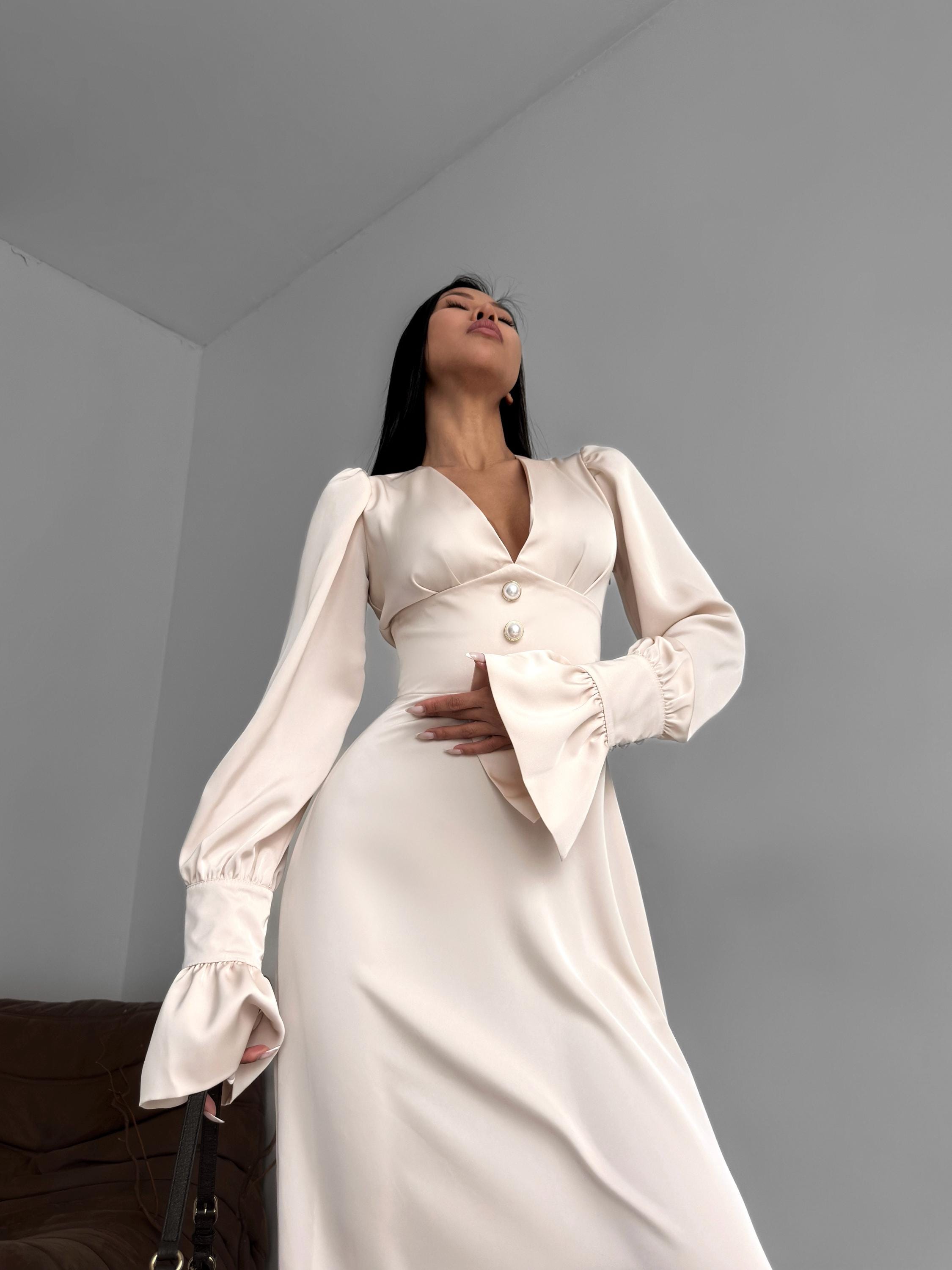 Ivory Satin Mini Dress – Long Sleeve Open Back Cocktail Dress main image 1