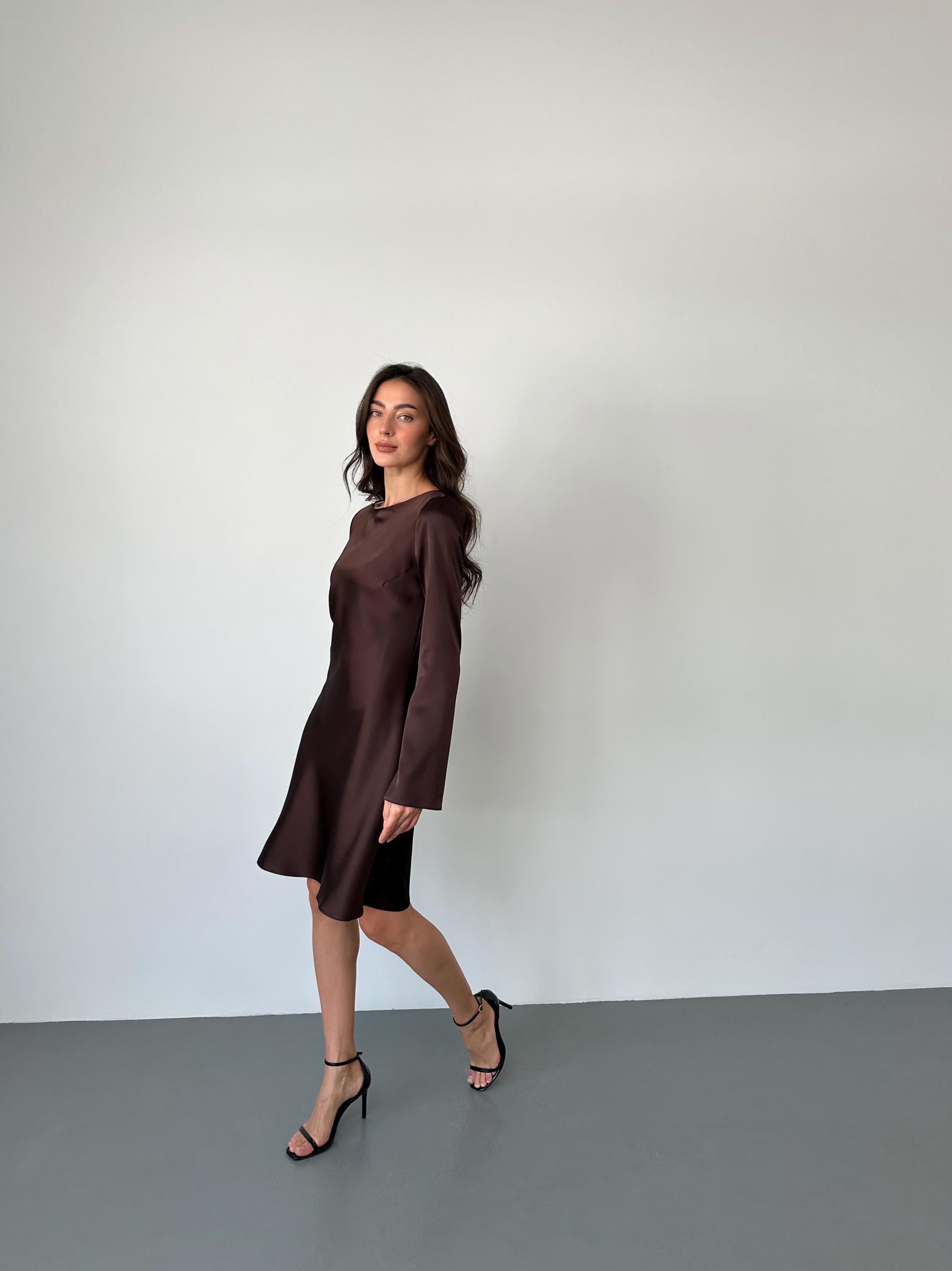 Dark Chocolate Satin A-Line Dress - Elegant Long Sleeve Dress, Premium Italian Silk Satin, Minimalist Cocktail Dress, Party Dress