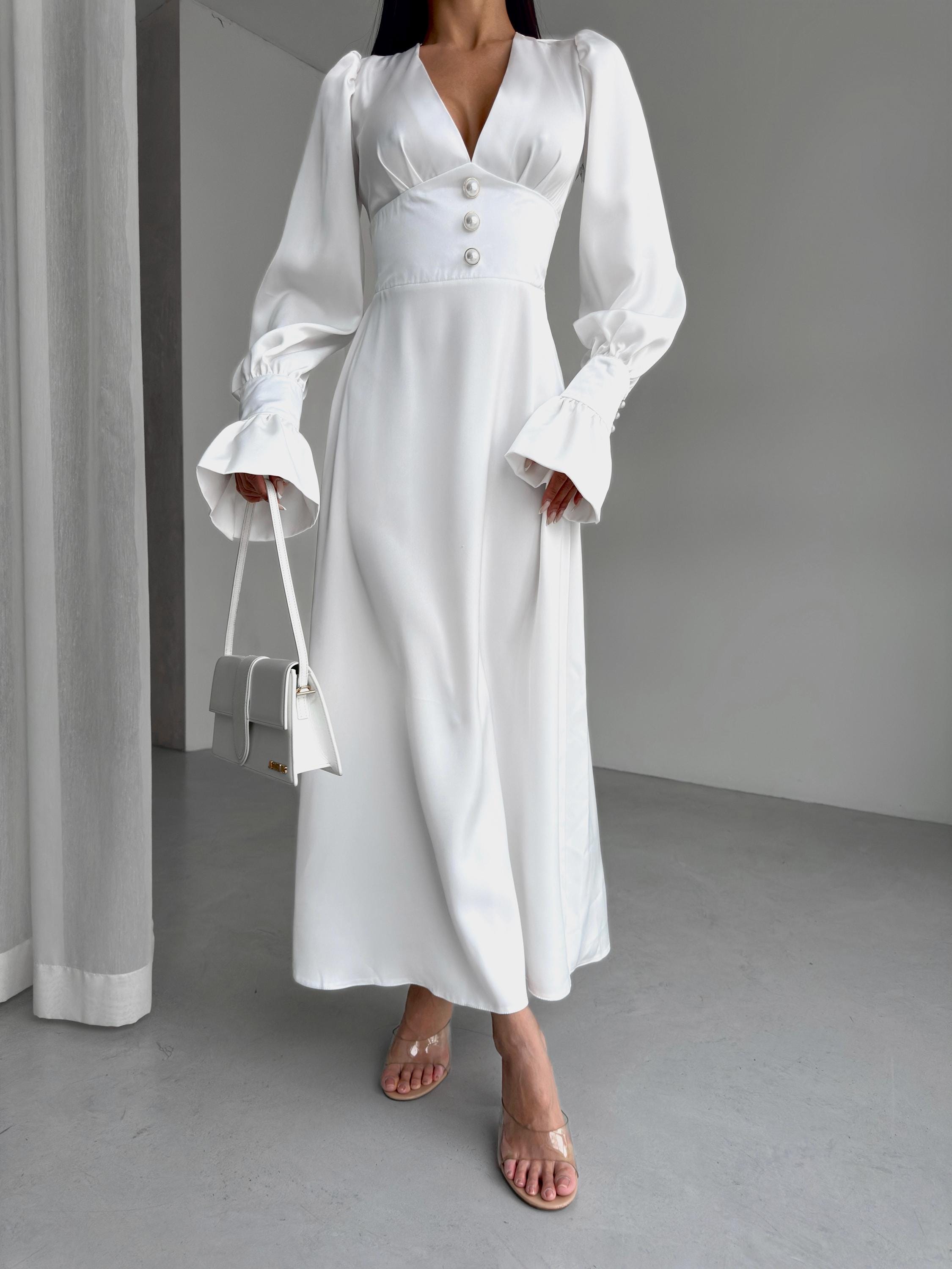 white satin button up dress Elegant White Satin Midi Dress with Pearl Buttons