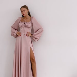 Maxi Dress with Voluminous Sleeves in Blush Pink Italian Silky Satin