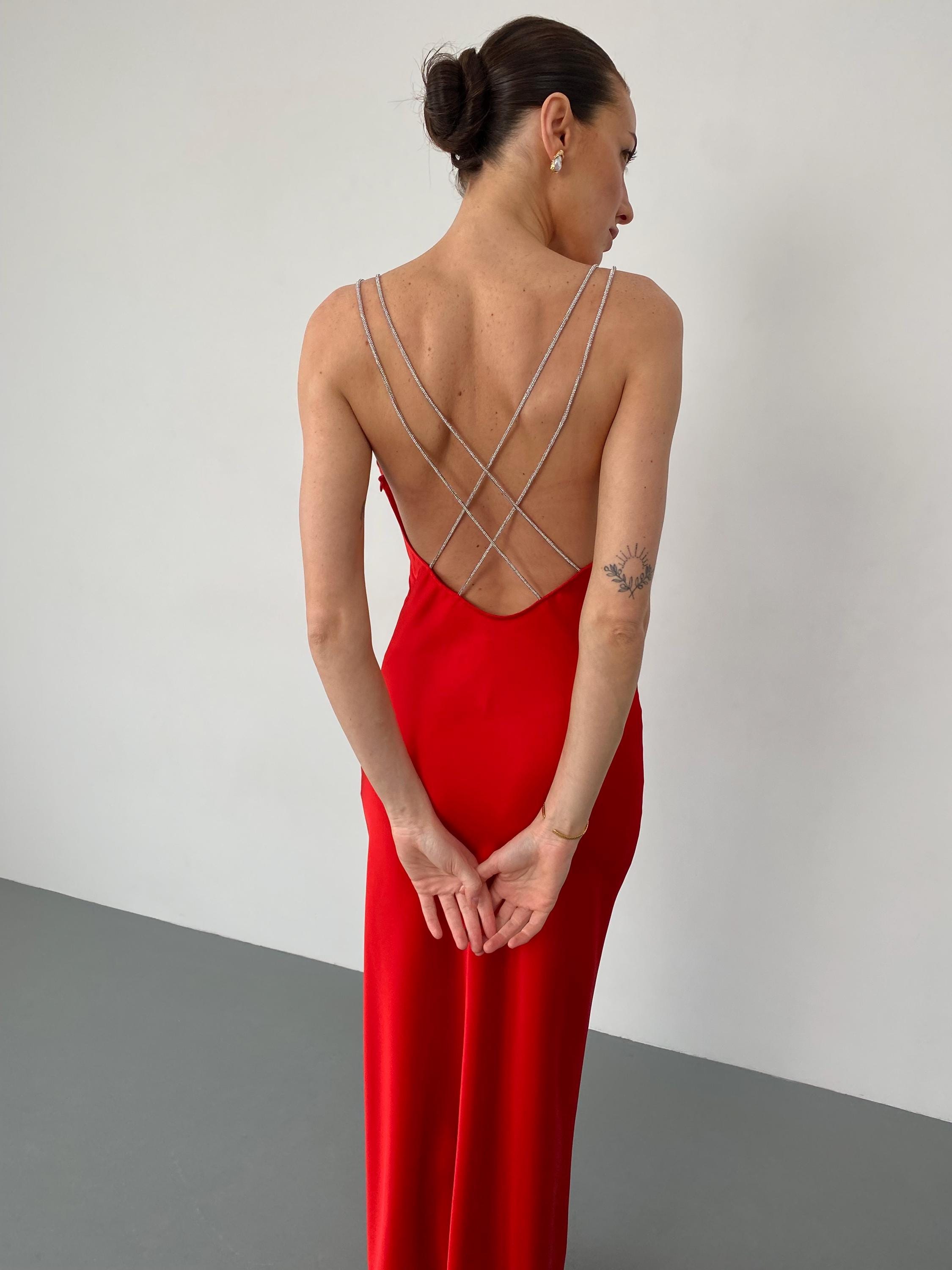 red satin dress with diamond straps Red Satin Maxi Slip Dress Open back, Rhinestone Cowl Neck and Straps