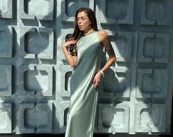 italian satin trapeze long midi dress Sofia Collections Women's Dress Leopard / M/L -