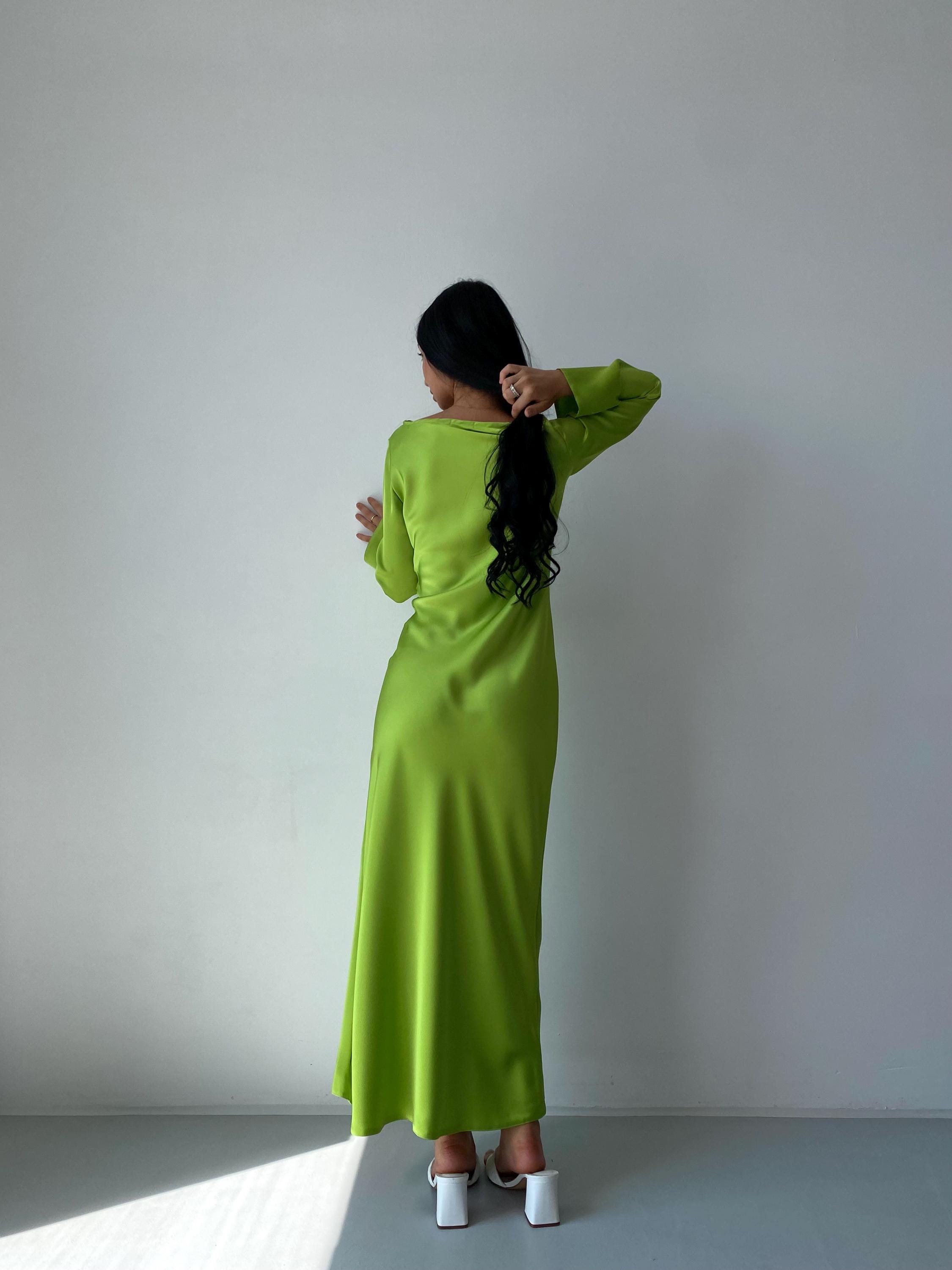 apple green satin dress Apple Green Satin Dress with Long Sleeves | Elegant A-Line Dress | Premium Italian Silky Satin