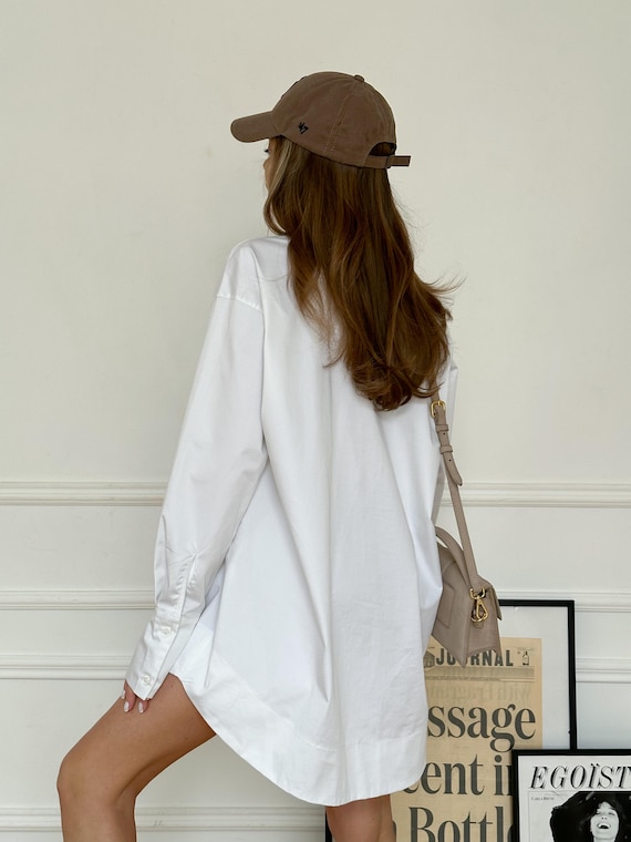 Oversized White Shirt Dress in Polished Cotton with Black Leather Belt