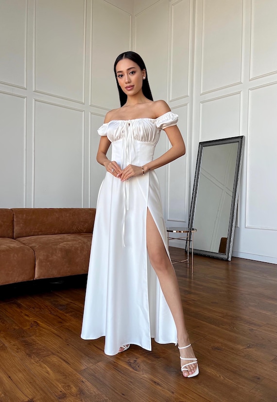 White Premium Italian Silk Satin Dress with Adjustable Chest Fit White Premium Italian Silk Satin Dress with Adjustable Chest Fit