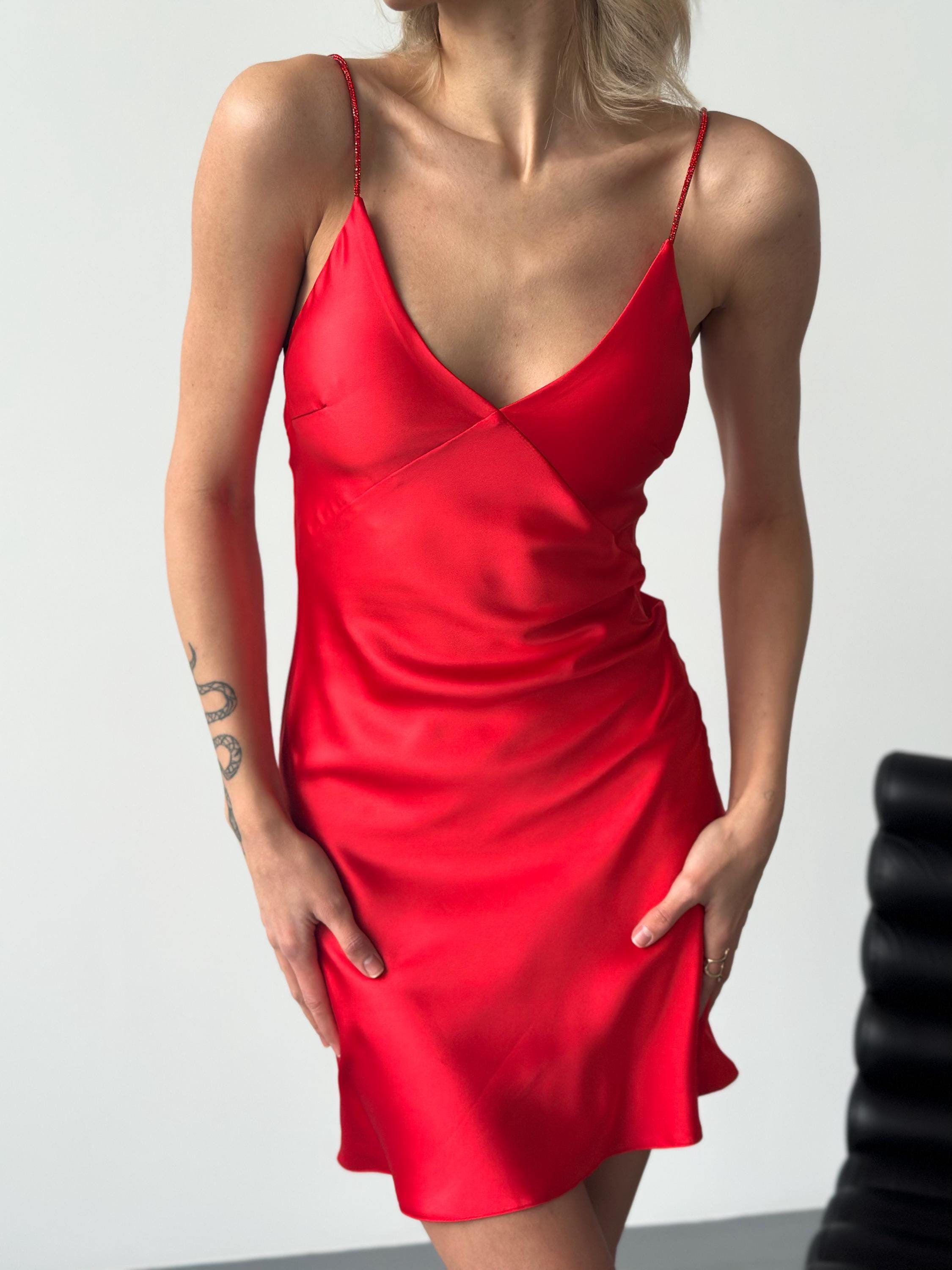 Red Satin Mini Dress - Backless Crystal Strap Dress - Custom Made Cocktail or Party Dress