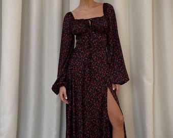 Black Silk Maxi Dress With Red Floral Print Canada