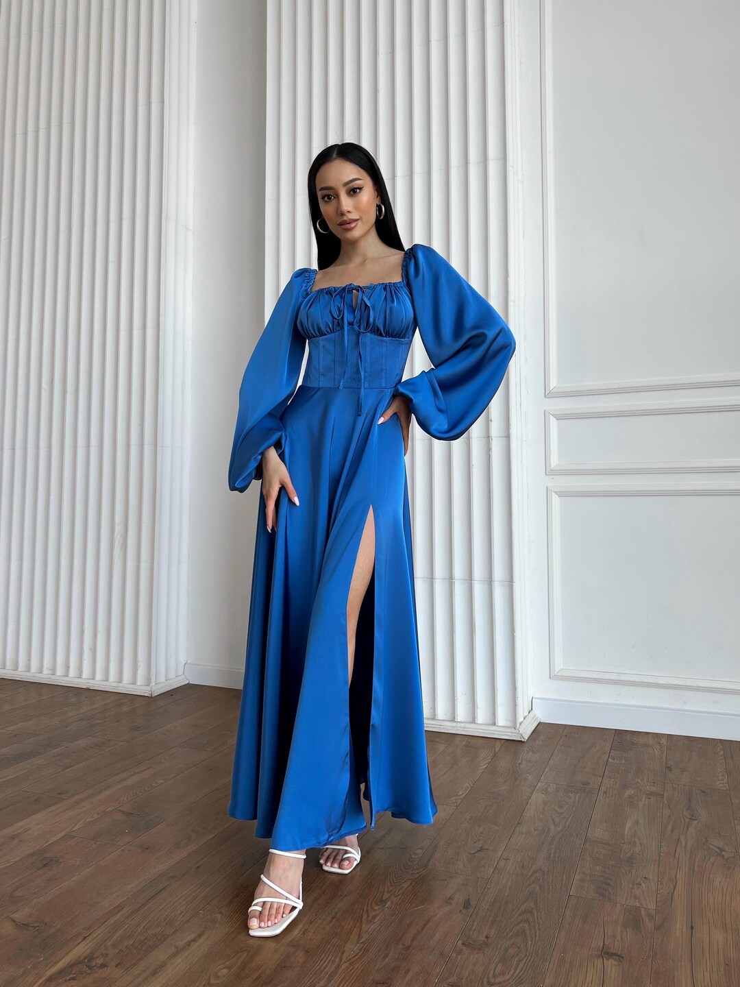 Royal Blue Evening Maxi Dress With Slit  Premium Silk Satin - Etsy