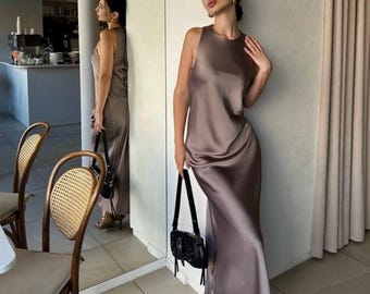 Elegant Italian silk satin slip mocha dress