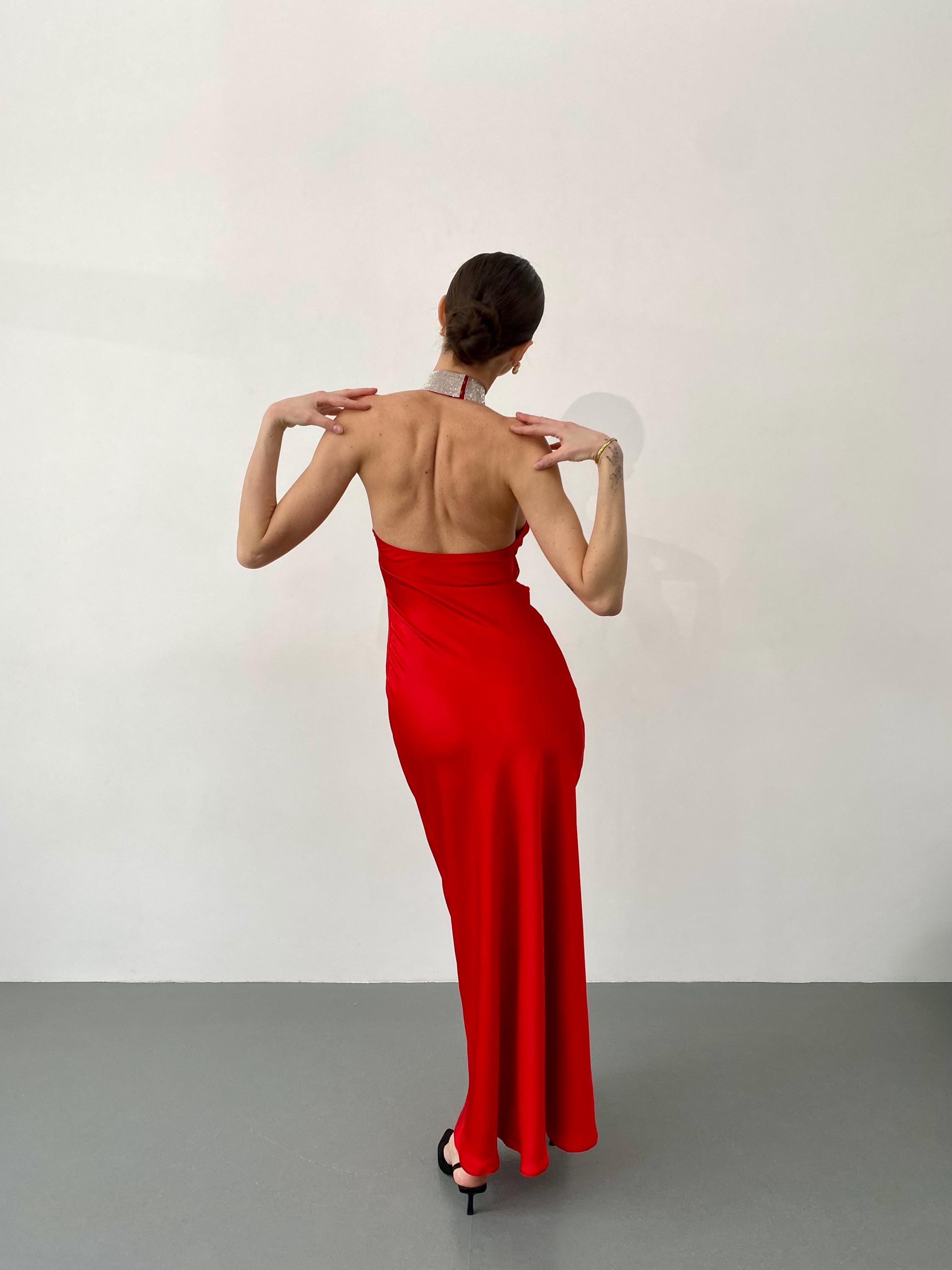 red halter neck satin dress Luxury Red Silk Satin Halter Dress With Rhinestone Collar & Open Back