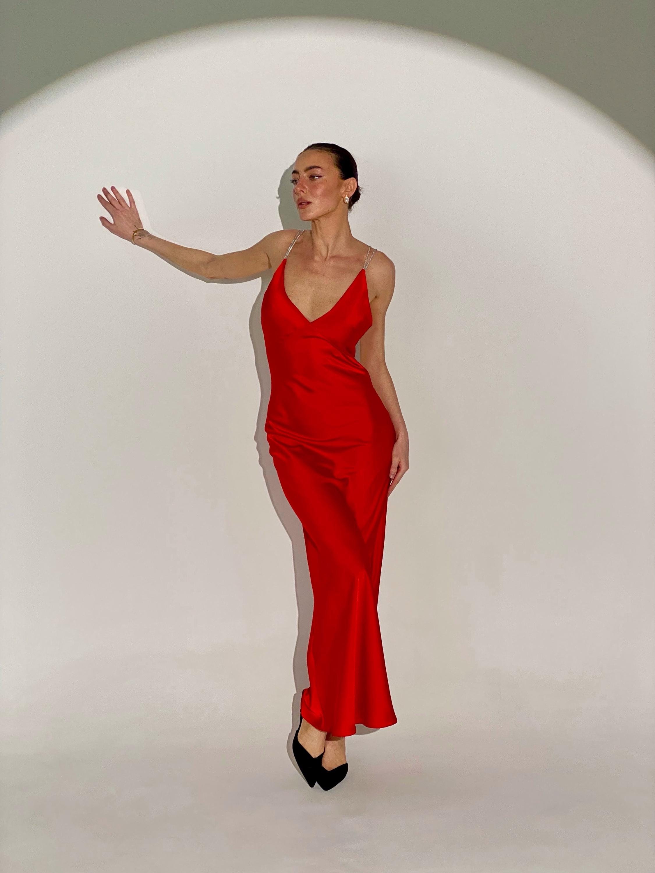 red satin dress with diamond straps Luxury Red Silk Satin Dress With Rhinestone Straps & Open Back