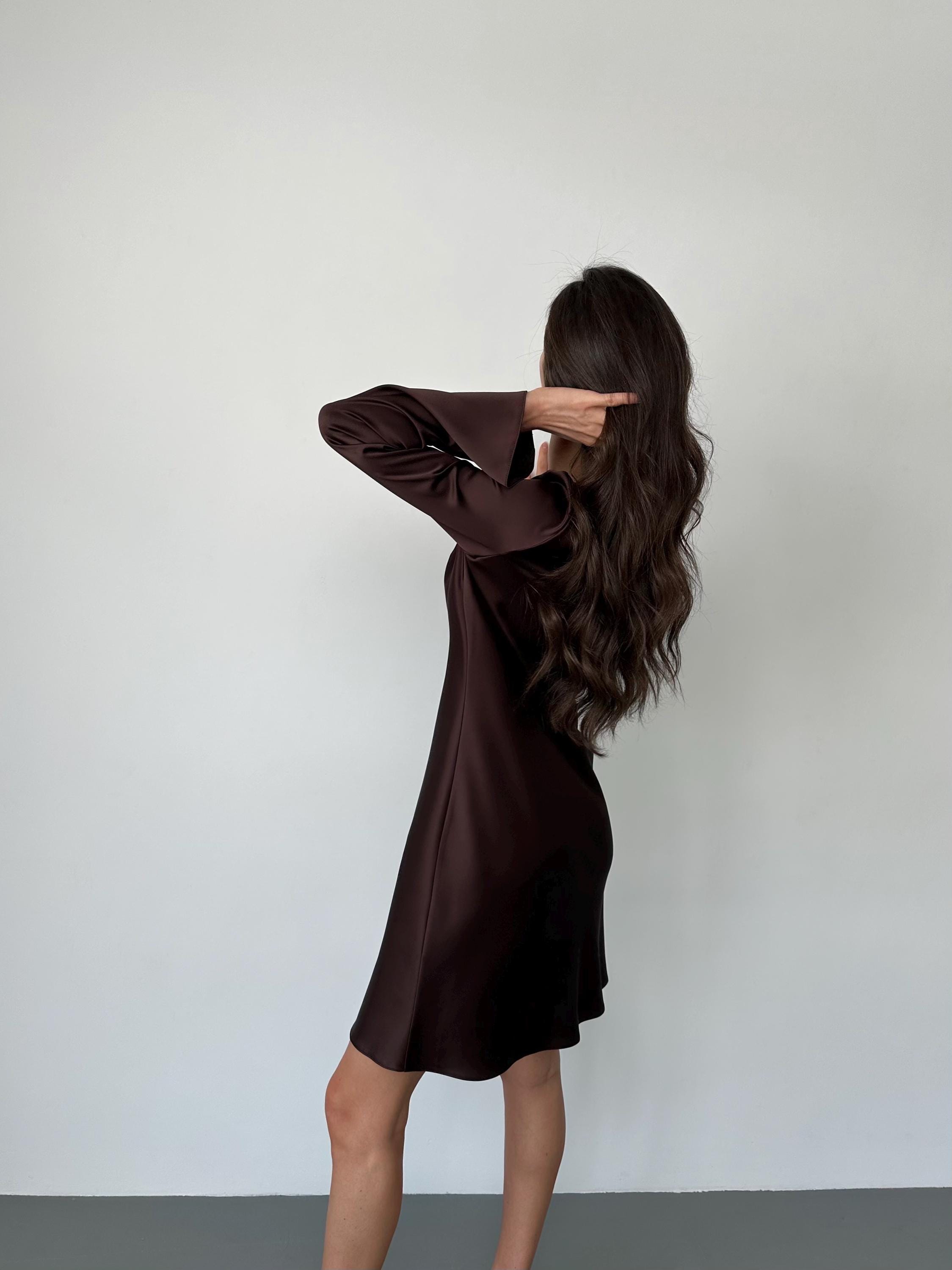 Dark Chocolate Satin A-Line Dress - Elegant Long Sleeve Dress, Premium Italian Silk Satin, Minimalist Cocktail Dress, Party Dress