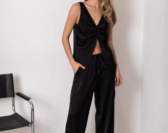 Luxurious Italian Silk Satin Set - Black Pants and Tie-Front Top | Premium Quality