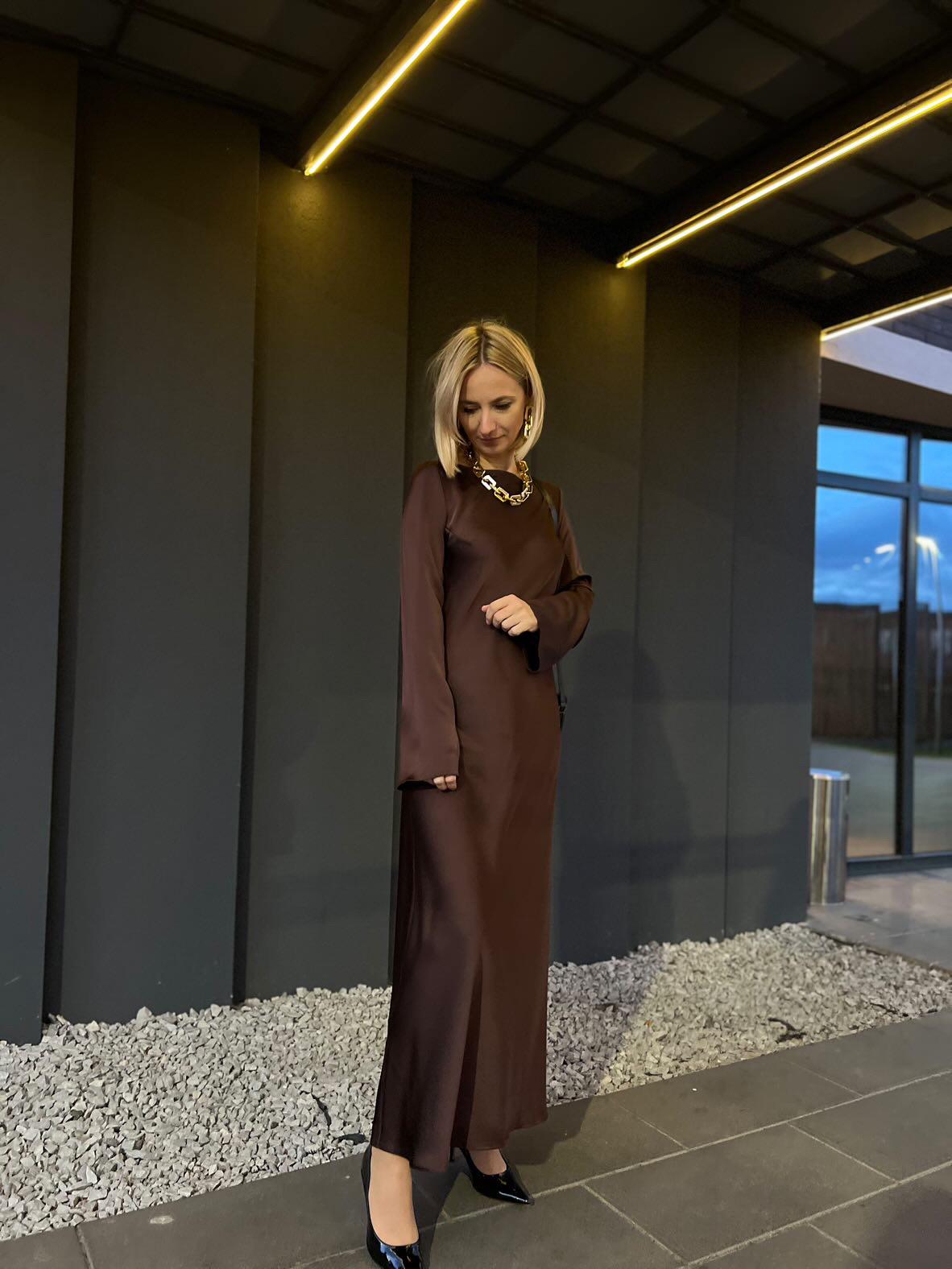 Elegant Dark Chocolate Premium Italian Silk Satin Dress – Available in Sizes XS to XXXXL