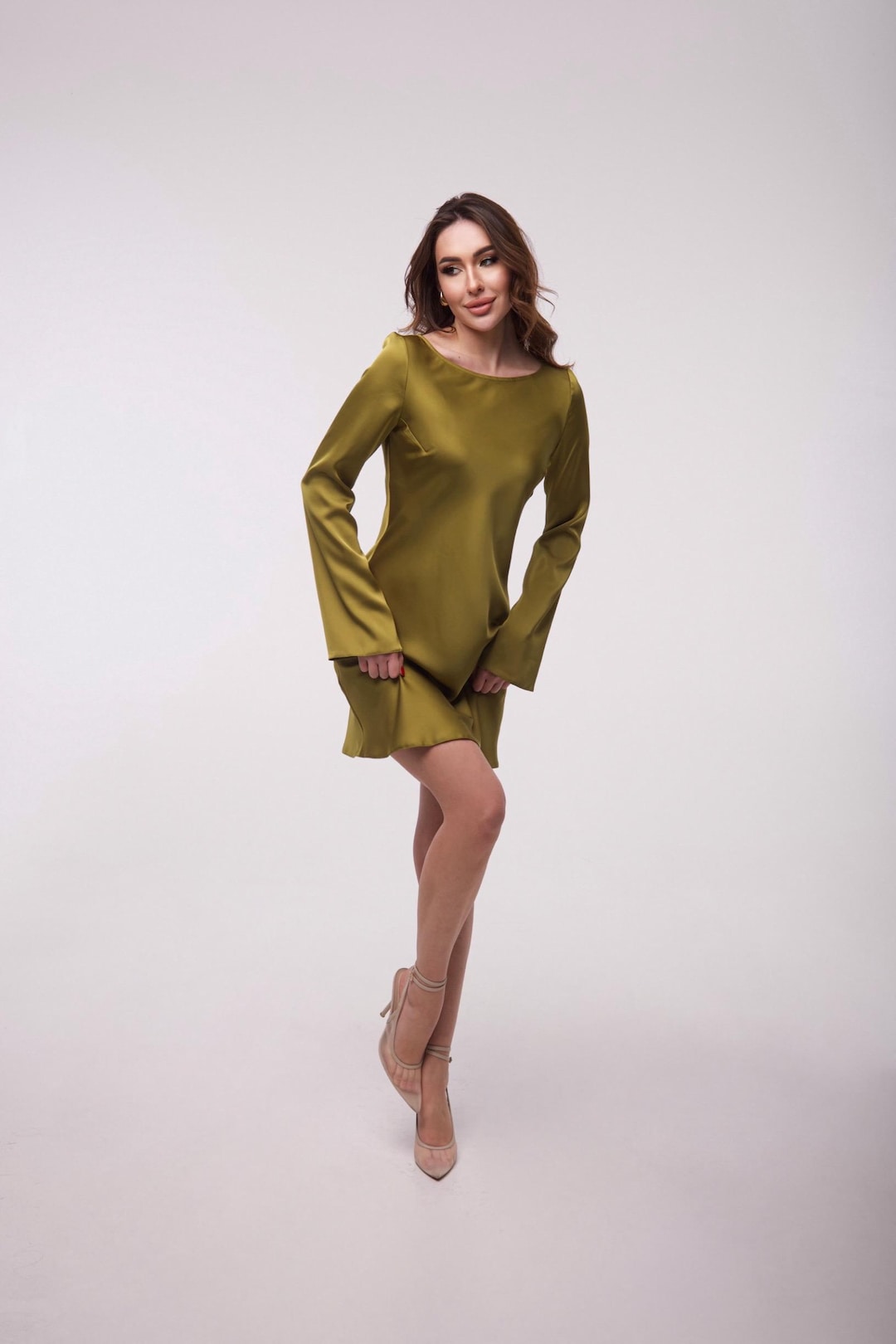 silk green mini dress Chic Olive Green Silk Satin Mini Dress