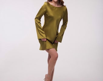 olive green satin mini dress Olive Green Satin Mini Dress