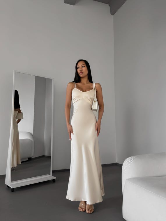 Ivory Satin Maxi Dress with Adjustable Straps - Bridal Slip Dress - Elegant Wedding Guest Dress - Formal Long Satin Gown