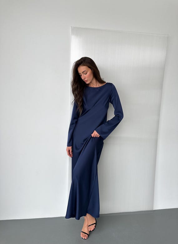 blue navy italy dress Olivia Long Dress Navy Blue Linen Blend L - Hand Made In Italy REDUCED