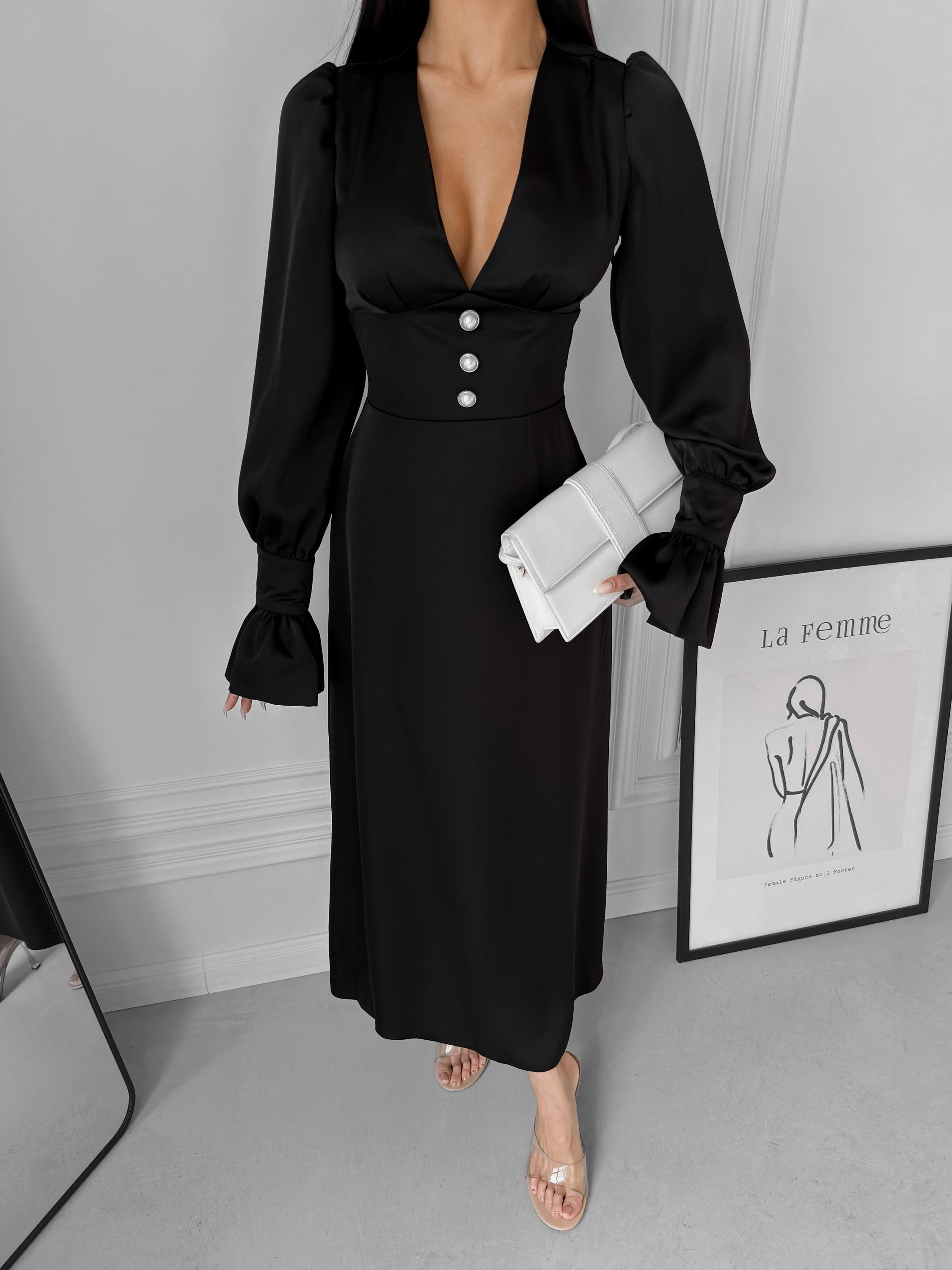 black satin dress with pearls Lady Black Tie - Pearl Trim Black Satin Midi Dress