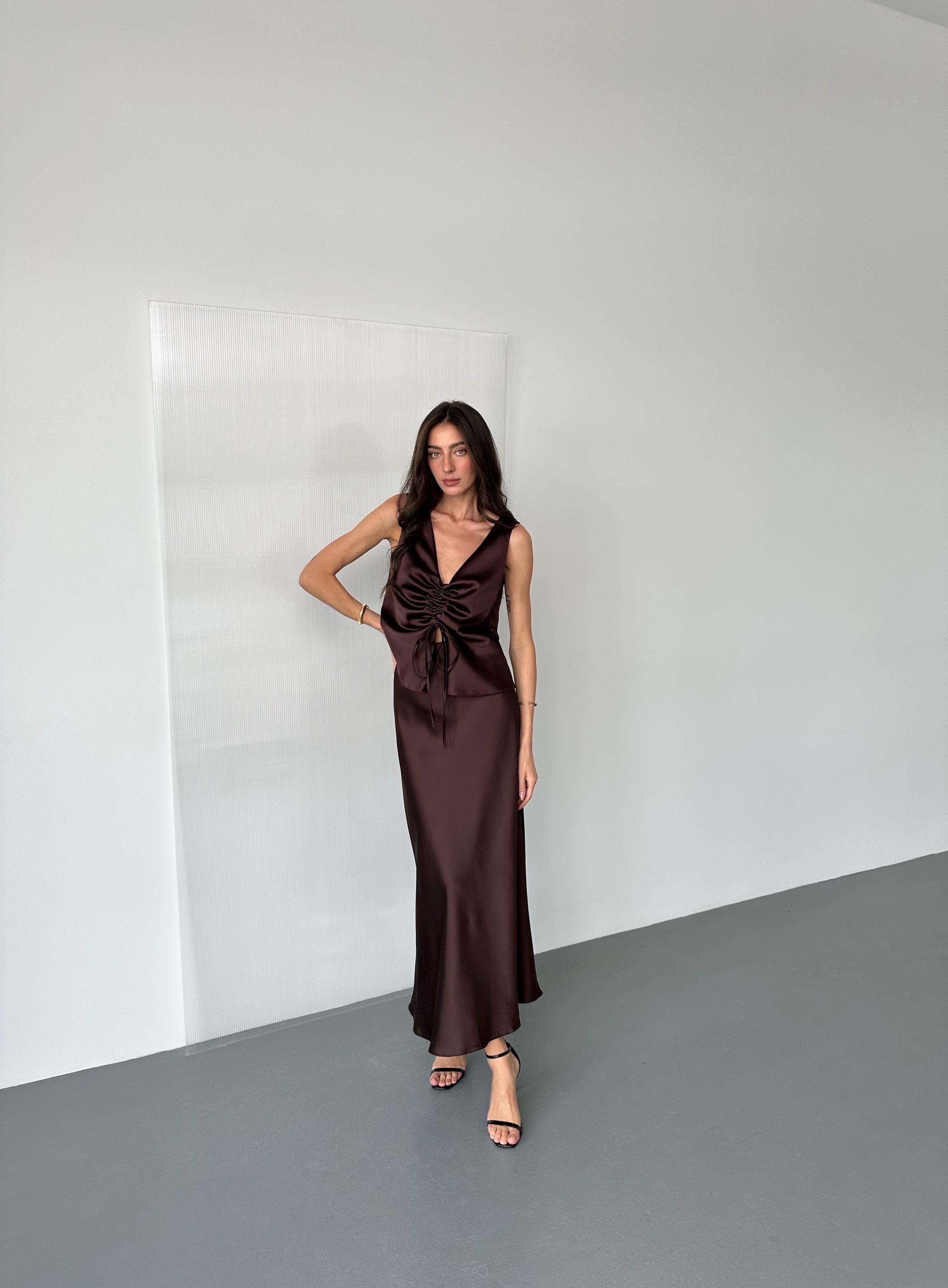 Dark Chocolate Set with Adjustable Tie Top and Skirt with Invisible Elastic Band in Premium Dense Italian Silk Satin